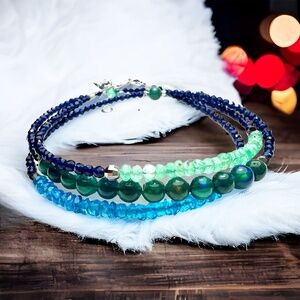 Solid 14K White Gold  Natural Emerald Black Opal Sapphire Wrap Bracelet Necklace